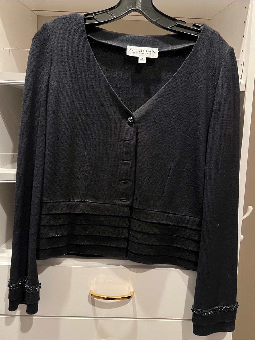 St. John Evening Black V-Neck Knit Cardigan with Covered Buttons